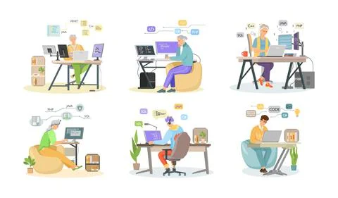 Programmer engineering and coding. Programmer working on web development on Stock Illustration