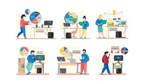 Programmer engineering and coding. Programmer working on web development on Stock Illustration