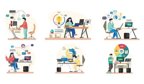 Programmer engineering and coding. Programmer working on web development on Stock Illustration