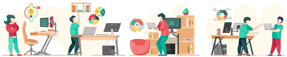 Programmer engineering and coding. Programmer working on web development on Stock Illustration