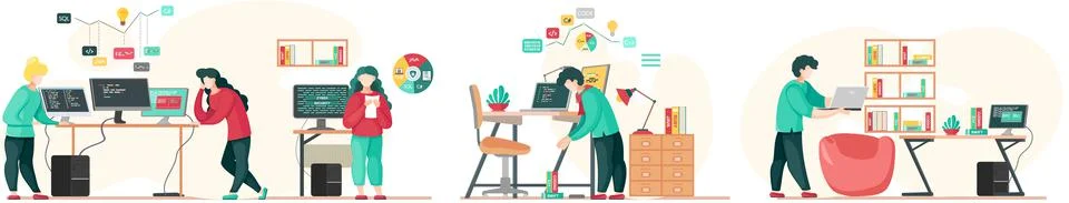 Programmer engineering and coding. Programmer working on web development on Stock Illustration