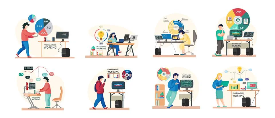 Programmer engineering and coding. Programmer working on web development on Stock Illustration