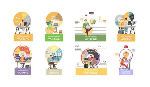 Programmer engineering and coding. Programmer working on web development on Stock Illustration