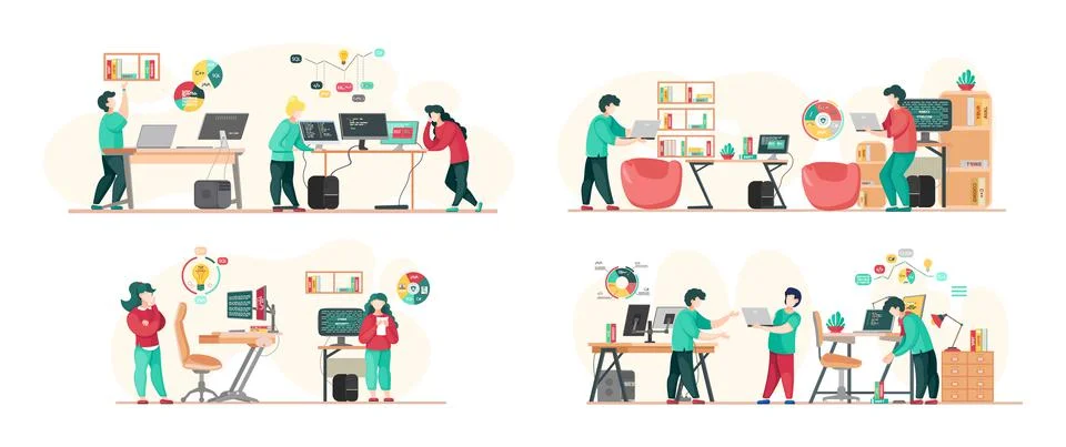 Programmer engineering and coding. Programmer working on web development on Stock Illustration