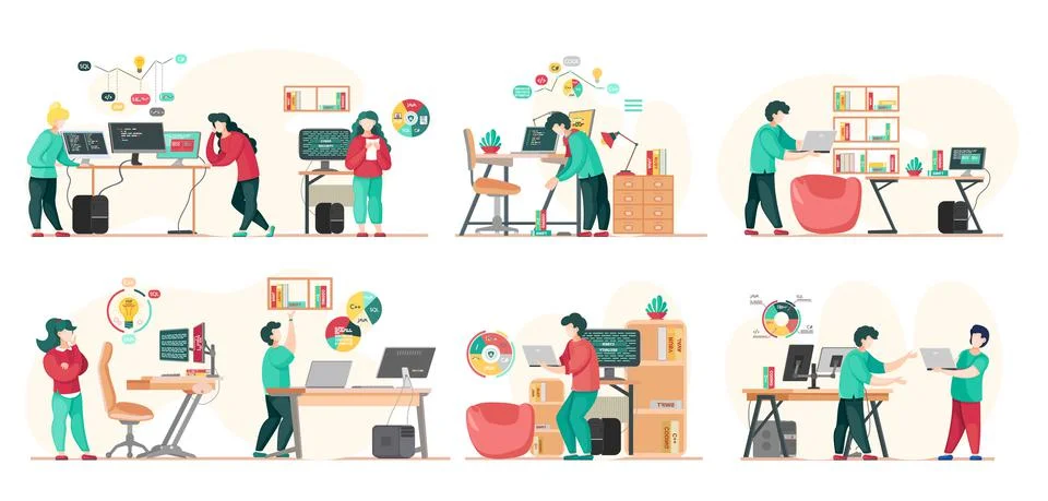 Programmer engineering and coding. Programmer working on web development on Stock Illustration