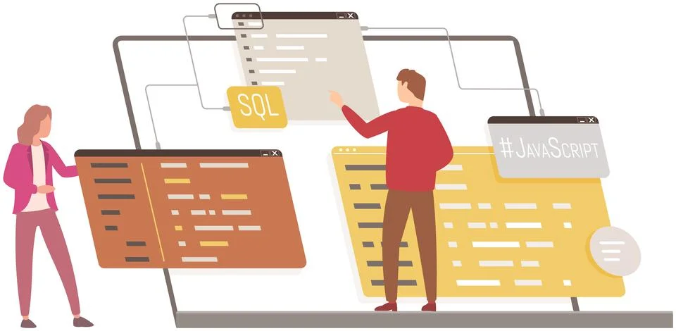 Programmer engineering and coding. Programmers working on web development on Stock Illustration