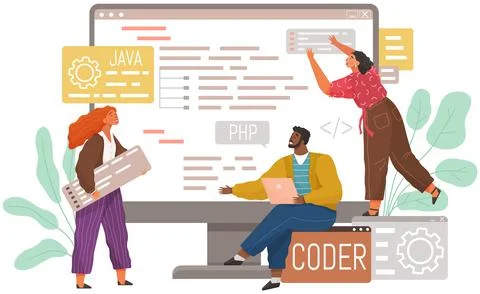 Programmer engineering and coding. Set of programmers working on web development Stock Illustration