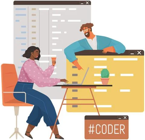 Programmer engineering and coding. Set of programmers working on web development Stock Illustration