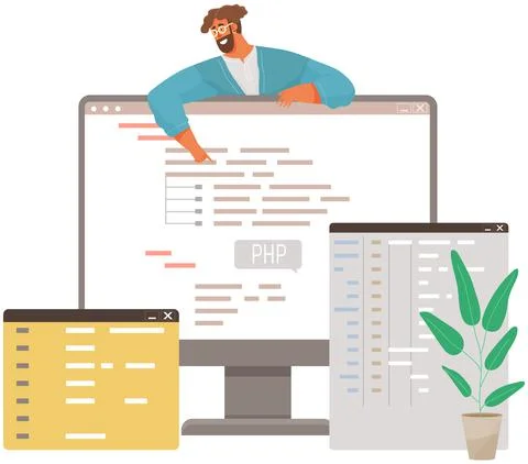 Programmer engineering and coding. Set of programmers working on web development Stock Illustration