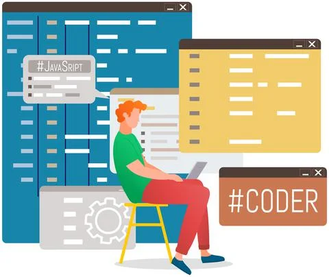 Programmer engineering and coding. Set of programmers working on web development Stock Illustration