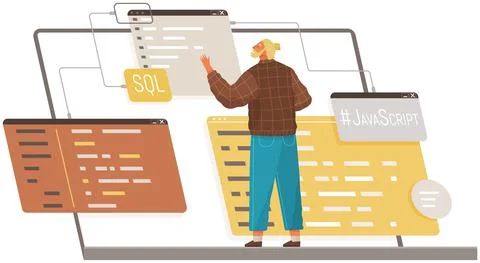 Programmer engineering and coding. Set of programmers working on web development Stock Illustration