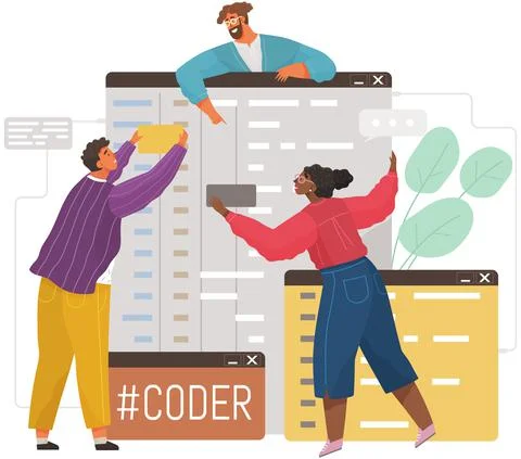Programmer engineering and coding. Set of programmers working on web development Stock Illustration