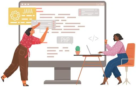 Programmer engineering and coding. Set of programmers working on web development Stock Illustration