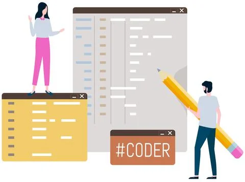 Programmer engineering and coding. Set of programmers working on web development Stock Illustration