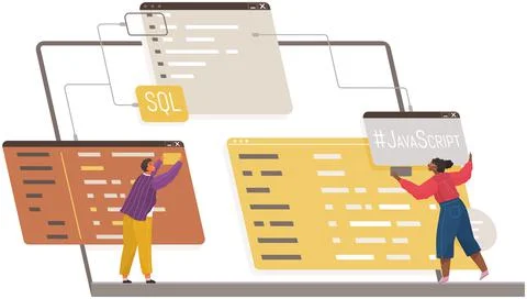 Programmer engineering and coding. Set of programmers working on web development Stock Illustration