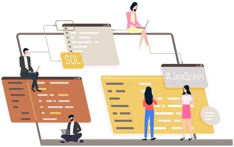 Programmer engineering and coding. Set of programmers working on web development Stock Illustration