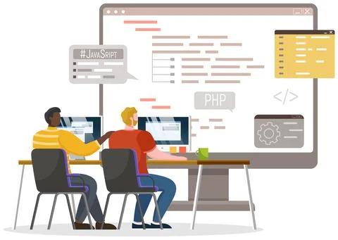 Programmer engineering and coding. Set of programmers working on web development Stock Illustration