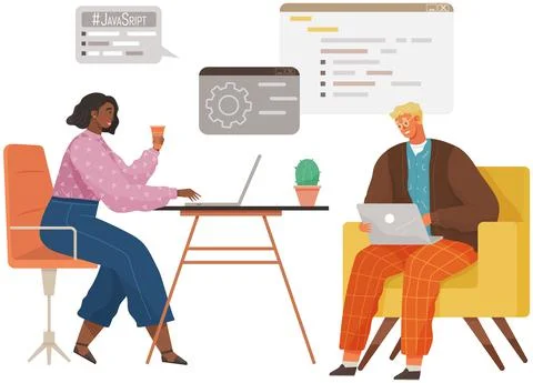 Programmer engineering and coding. Set of programmers working on web development Stock Illustration