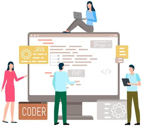 Programmer engineering and coding. Set of programmers working on web development Stock Illustration