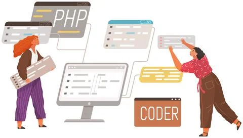 Programmer engineering and coding. Set of programmers working on web development Stock Illustration
