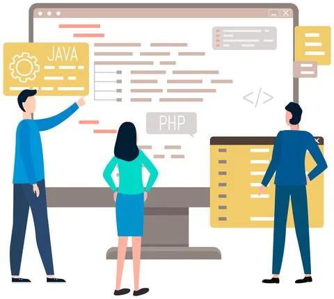 Programmer engineering and coding. Set of programmers working on web development Stock Illustration