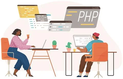 Programmer engineering and coding. Set of programmers working on web development Stock Illustration