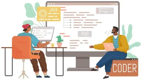 Programmer engineering and coding. Set of programmers working on web development Stock Illustration