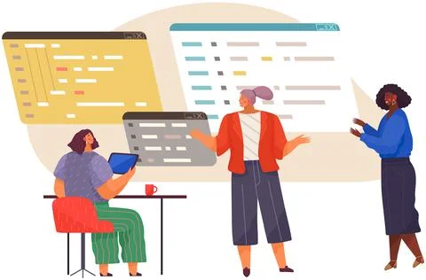 Programmer engineering and coding. Set of programmers working on web development Stock Illustration