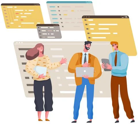 Programmer engineering and coding. Set of programmers working on web development Stock Illustration