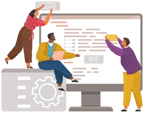 Programmer engineering and coding. Set of programmers working on web development Stock Illustration
