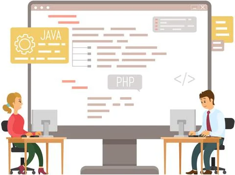 Programmer engineering and coding. Set of programmers working on web development Stock Illustration