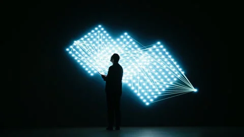 Programmer enhances AI neural network deep learning algorithms using tablet Stock-Footage 329532844