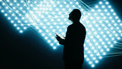 Programmer enhances AI neural network deep learning algorithms using tablet Stock Footage 329945518