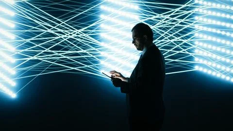Programmer enhances AI neural network deep learning algorithms using tablet 스톡 사진