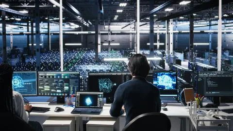 Programmer entering server room office, using AI to review infrastructure Stock Photos