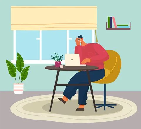 Programmer in eyeglasses with on table sitting and using computer, quarantine Illustrazione stock