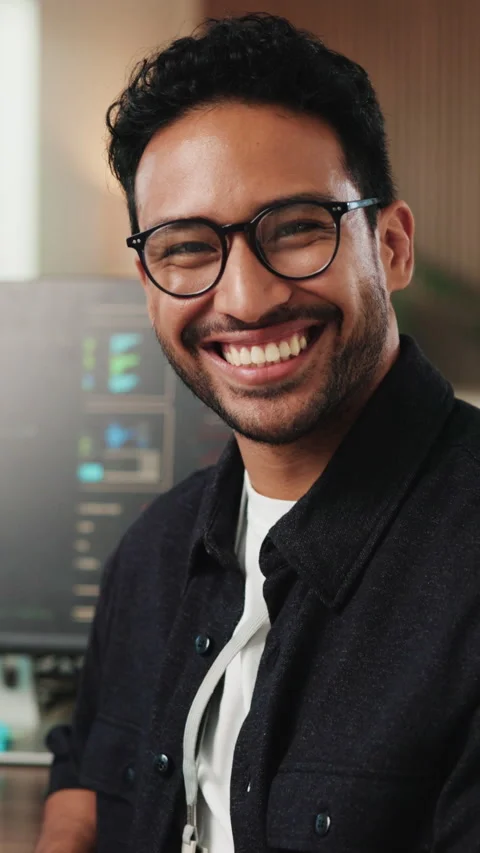 Programmer, face and happy man with glasses in office for software development Stock-Footage 342235755
