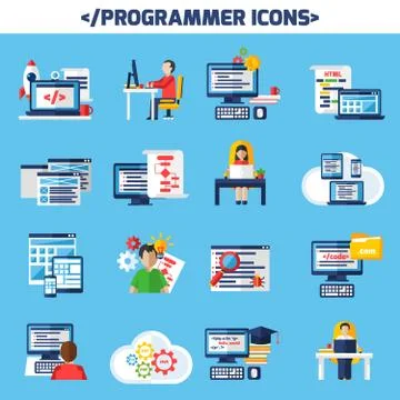 Programmer Flat Color Decorative Icons Set Illustrazione stock