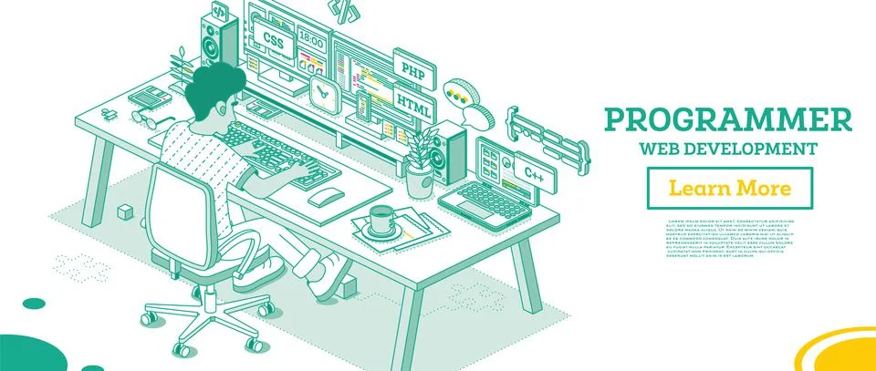 Programmer. Frontend or Backend Developer Sit on Chair with Wheels in Front o Illustrazione stock