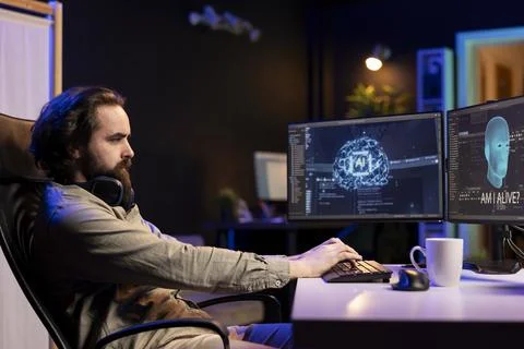 Programmer getting interrupted during work by AI becoming sentient Foto stock