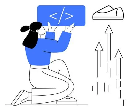 Programmer Girl Lifting Code Symbol with Tech and Innovation Elements Stock Illustration