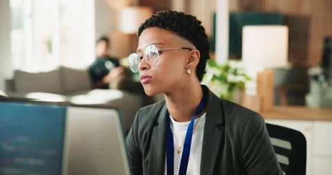 Programmer, glasses and woman with computer, office and plan for project, Stock Footage 330047573