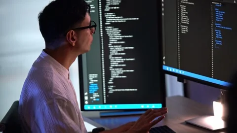 Programmer with glasses reviews code on multiple monitors in a dim office Stock Footage 326727007