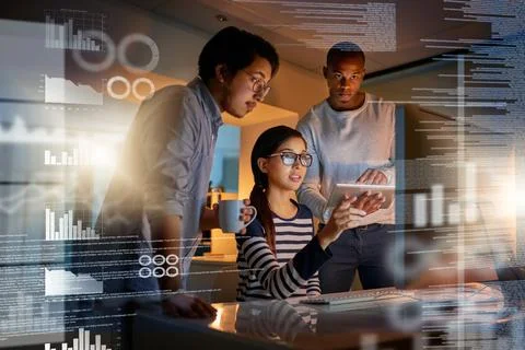 Programmer, graphs and dashboard overlay at night with staff and database Stock Photos