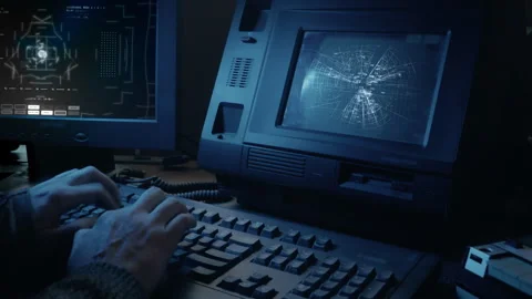 Programmer Hacker Typing Code at Computer Workstation in Blue Light Stock Footage 348913770
