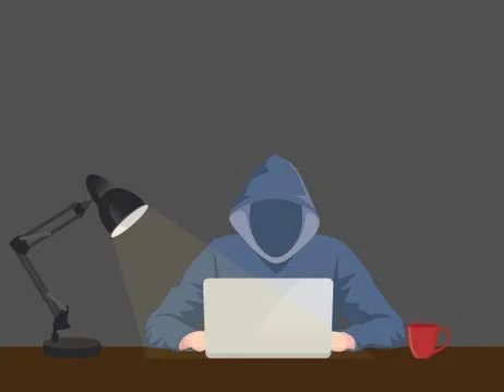 Programmer hacker working on front of his laptop writing code in the middle of Stock Illustration