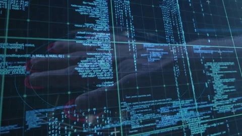 Programmer hand entering transparent grid interface and tracing blue code Stockbeeldmateriaal 312416911