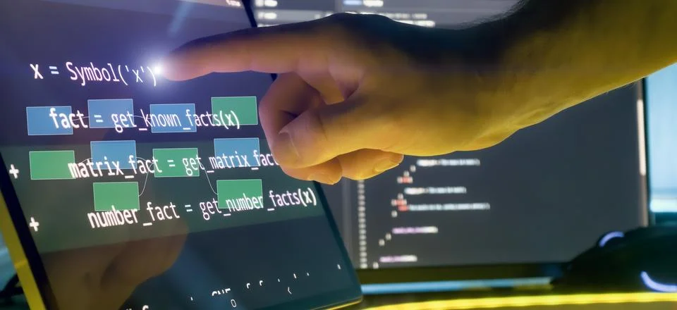 Programmer Hand Interacting with Code and Flow Diagram Overlay on Touchscre.. 스톡 사진