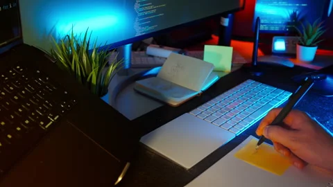 Programmer Hand Note Coding Workspace Monitors Stock Footage 318829487