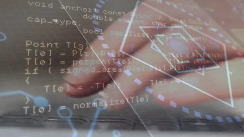 Programmer hand pressing keys starting hex HUD overlay shifting through HTTP Stock-Footage 311901813